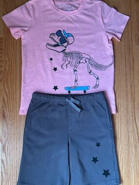 Andy & Evan Pink Dino Skate Tee and Charcoal Star Shorts